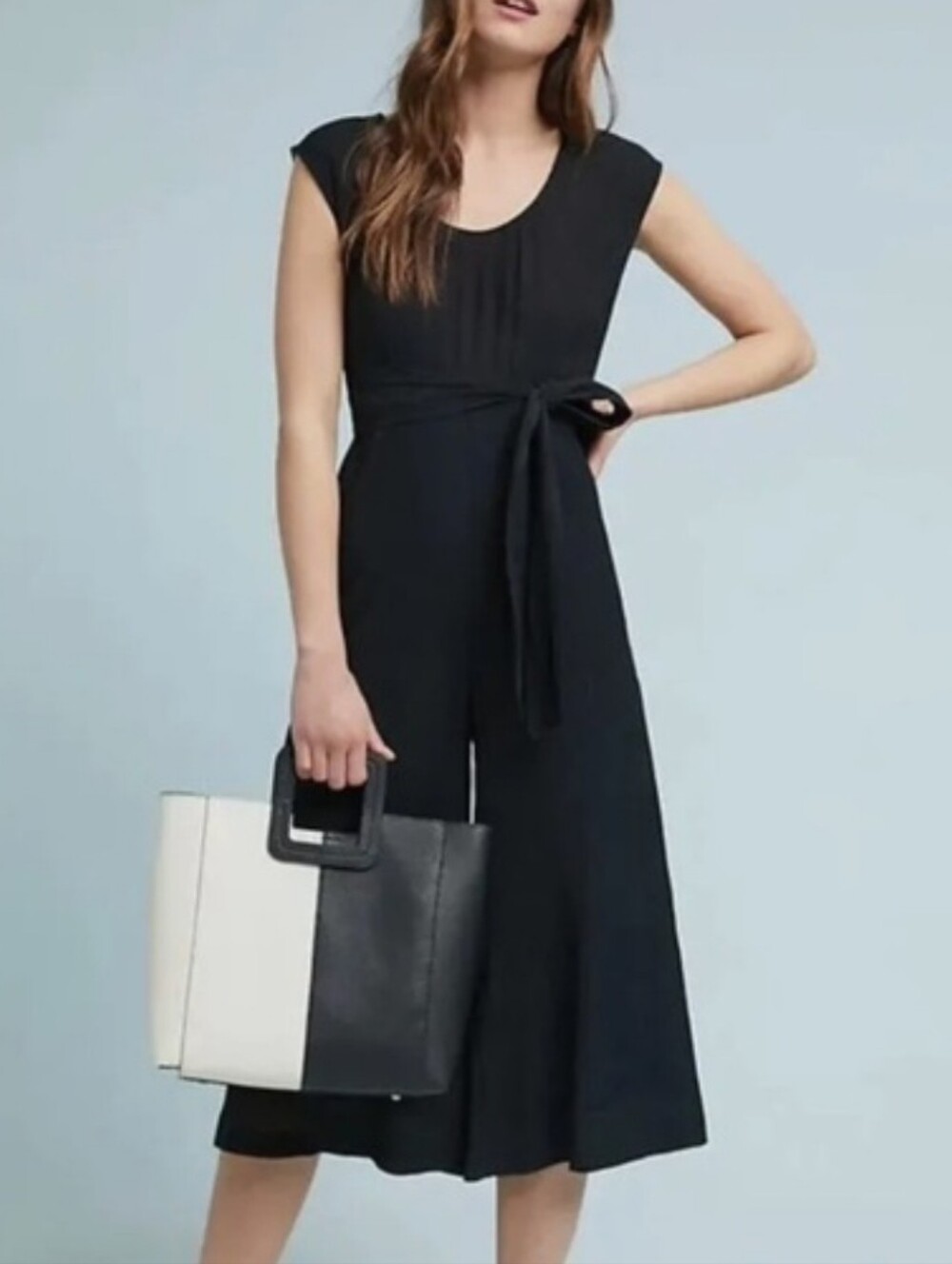 By Anthropologie Abbey Crop Wide Leg Jumpsuit Black Crepe Belted Tie Waist 12